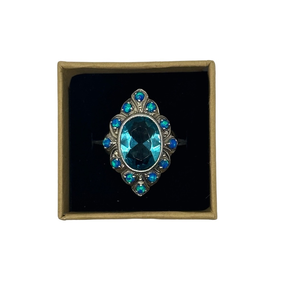 Antique sterling silver blue topaz & opal ring size 6